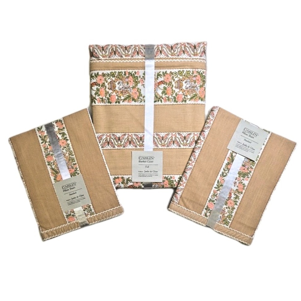 Vtg NEW CARLIN Chinoiserie Duvet and Sham Set Asian Scene Butterflies Scalloped